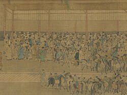 Candidates gathering around the wall where the results are posted. This announcement was known as "releasing the roll" (放榜). (c. 1540, by Qiu Ying)