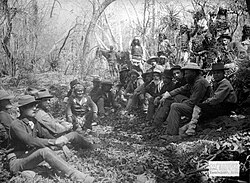 "Geronimo poses with members of his tribe and General George Crook's staff during peace negotiations on March 27, 1886."