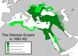 The Ottoman Empire at its greatest European extent, in 1683, during the Battle of Vienna
