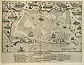 A hand-drawn map and nautical chart. In the center is a harbor area in which boats are drawn. On the shores of the harbor are depictions of fields and houses. Numbers on the watery areas indicate the water depth. A legend at the bottom describes various marked parts of the chart in French.