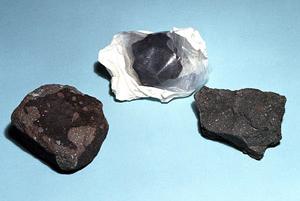 Some carbonaceous chondrites. From left to right: Allende, Yukon, and Murchison.