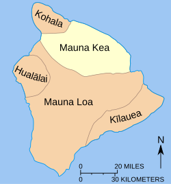 Clickable imagemap of Hawaiʻi island showing the location of Mauna Kea, making up 22.8 percent of the island's surface area[4]