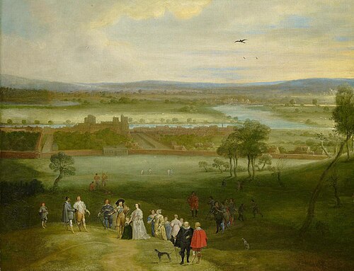 Adriaen van Stalbemt's A View of Greenwich, c. 1632, showing King Charles I (in the black hat) and his family. Greenwich Palace can be seen in front of the River Thames behind them. Royal Collection, London.