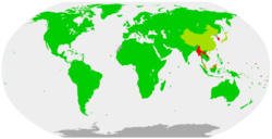 Ratifications of the ILO's 1957 Abolition of Forced Labour Convention, with non-ratifiers shown in red