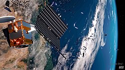 Illustration of a satellite breaking up into multiple pieces at higher altitudes
