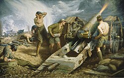 Canadian Artillery in Action by Kenneth Forbes. It depicts gunners at their post while sustaining artillery fire during the Battle of the Somme.