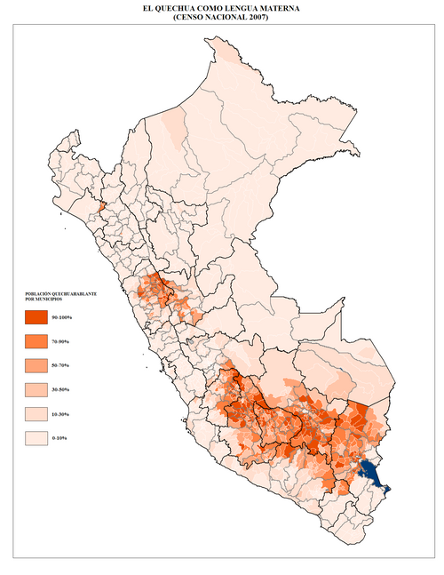 Map of Peru showing the distribution of overall Quechua speakers by district
