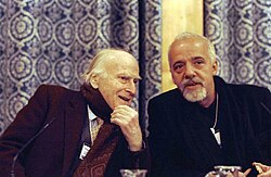 Menuhin (left) and author Paulo Coelho in 1999 at the World Economic Forum in Davos, Switzerland