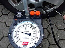 A tire-pressure gauge displaying bar (outside) and pounds per square inch (inside)