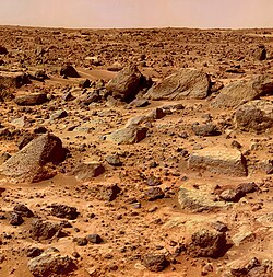 Rock-strewn surface imaged by Mars Pathfinder (July 4, 1997)