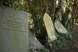A group of Victorian headstones, England. Soil creep has led to the headstones being tilted at an angle over time.