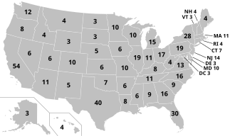 A map of the United States showing the number of electoral votes allocated following the 2020 United States census to each state and the District of Columbia for the 2024 and 2028 presidential elections. 270 electoral votes are required for a majority out of 538 votes possible.