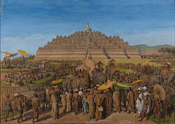 A painting (c. 1916–1919) by G. B. Hooijer reconstructing the scene of Borobudur during its height