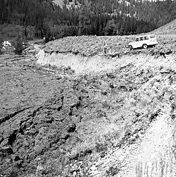 This fault scarp was created by the 1959 Hebgen Lake earthquake. The photo was taken August 19, 1959.