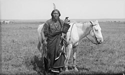 Comanche warrior Ako and horse. Photo by James Mooney, 1892