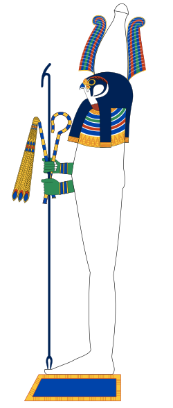 The syncretized god Seker-Osiris. His iconography combines that of Osiris (atef-crown, crook and flail) and Seker (hawk head, was-sceptre).