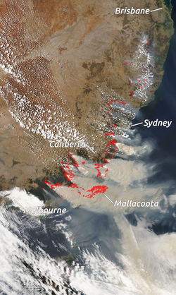 NASA satellite imagery on 4 January 2020 showing bushfires on southeast coast of Australia