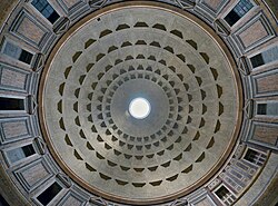 Interior of the Pantheon dome, seen from beneath. The concrete for the coffered dome was laid on moulds, mounted on temporary scaffolding.