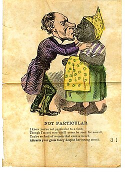 This racist postcard from the 1900s shows the casual denigration of Black women. It states "I know you're not particular to a fault / Though I'm not sure you'll never be sued for assault / You're so fond of women that even a wench / Attracts your gross fancy despite her strong stench".