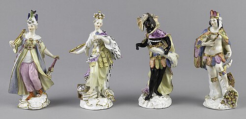 Set of porcelain figures of personifications of the four continents, Germany, c. 1775, from left: Asia, Europe, Africa, and America. Of these, Africa has retained her classical attributes. Formerly James Hazen Hyde collection.