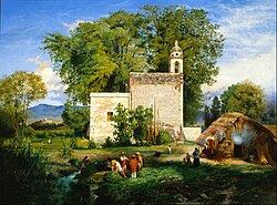 Paisaje de San Cristóbal Romita, Luis Coto, 1857. In the distance on the left can be seen the Castillo de Chapultepec.