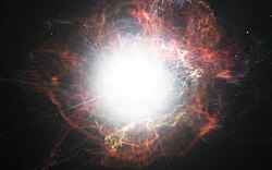 Artist's impression of dust formation around a supernova explosion.[18]