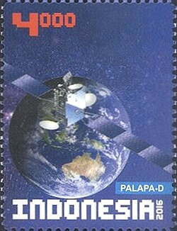 A stamp depicting the Palapa D satellite; the Palapa D satellite is a commercial satellite from Indonesia.