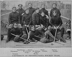 The 1896–97 University of Pennsylvania hockey team in front of College Hall, the team's first season, featuring George Orton, future Olympic gold medalist in the 2,500-meter steeplechase at the 1900 Summer Olympics (top row, second from end on the right side)