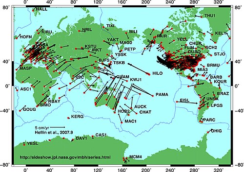 Plate motion based on Global Positioning System (GPS) satellite data from NASA JPL Archived 2011-07-21 at the Wayback Machine. Each red dot is a measuring point and vectors show direction and magnitude of motion.