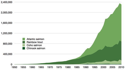 Aquaculture production in tonnes of all true salmon species 1950–2010, as reported by the FAO[48]