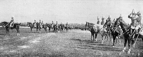 Wilhelm with the Grand Duke of Baden, Prince Oskar of Prussia, the Grand Duke of Hesse, the Grand Duke of Mecklenburg-Schwerin, Prince Louis of Bavaria, Prince Max of Baden and his son, Crown Prince Wilhelm, at pre-war military manoeuvres in autumn 1909