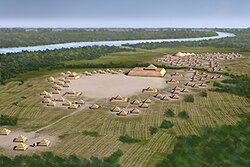 An artist's 2016 depiction of Spiro Mounds, a Caddoan Mississippian site, as seen from the west