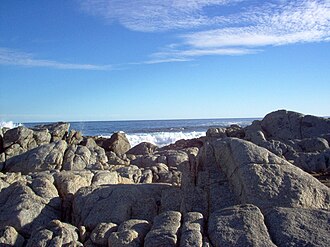 Rocky shoreline at Isla Negra, in the Valparaíso Region, Chile