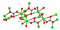 Chemical structure of azurite, one of many copper(II) hydroxides (color code: red = O, green = Cu, gray = C, white = H).[17]