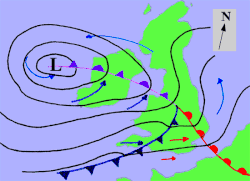 A fictitious synoptic chart of an extratropical cyclone affecting the UK and Ireland. The blue arrows between isobars indicate the direction of the wind, while the "L" symbol denotes the centre of the "low". Note the occluded, cold and warm frontal boundaries.