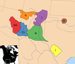 Southern Athabascan-speaking tribes, c. 18th century: WA: Western ApacheN: NavajoCh: ChiricahuaM: MescaleroJ: JicarillaL: LipanPl: Plains Apache