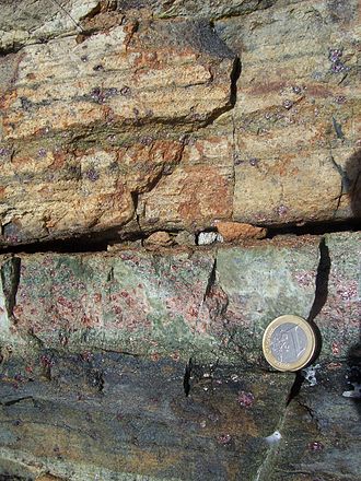 Flow banding at the rim of a peridotite intrusion. Dark and green pyroxenite bands at the bottom represent the melt, brownish lherzolite bands at the top the solid phase. Near Midsund, Norway, 1 euro coin for scale.