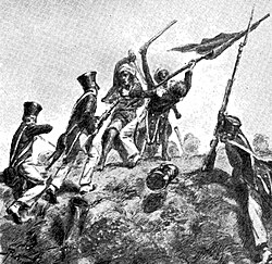 Dutch forces charging towards Minangkabau position during the Padri Wars