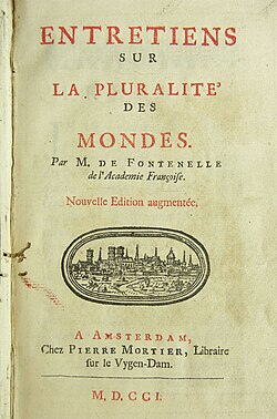 Front page of the book Conversations on the Plurality of Worlds (1701 edition)