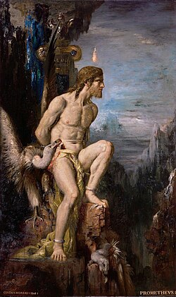 Prometheus (1868 by Gustave Moreau). The myth of Prometheus first was attested by Hesiod and then constituted the basis for a tragic trilogy of plays, possibly by Aeschylus, consisting of Prometheus Bound, Prometheus Unbound, and Prometheus Pyrphoros.