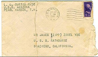 Cover mailed from USS Arizona, 10 October 1941, 58 days before the attack on Pearl Harbor