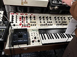 The first prototype of the Oberheim Four Voice synthesizer, as used by Wonder. The front panel still shows the braille labeling
