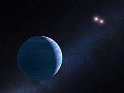 Artist's impression of exoplanet orbiting two stars.[116]