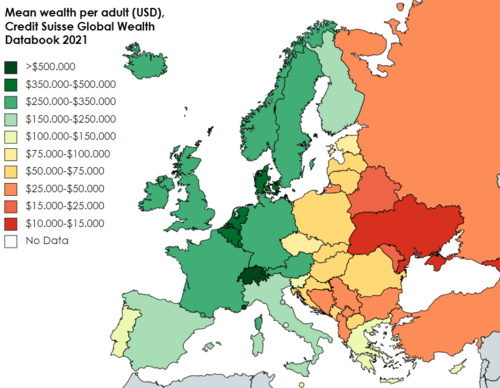 European countries by mean wealth per adult (USD), Credit Suisse Global Wealth Datebook 2021