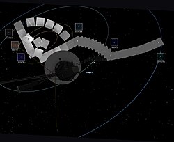 Diagram of the Family Portrait showing the planets of the Solar System, with their orbits added and the relative position of Voyager 1 when the mosaic was captured.