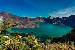 The crater lake of Mount Rinjani, Indonesia