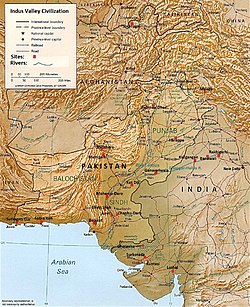 Map showing the sites and extent of the Indus Valley civilisation in Pakistan, including Mehrgarh.