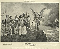 Kaiser Wilhelm II used the allegorical lithograph Peoples of Europe, Guard Your Most Sacred Possessions (1895), by Hermann Knackfuss, to promote Yellow Peril ideology as geopolitical justification for European colonialism in China.