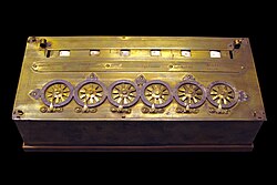 An early Pascaline on display at the Musée des Arts et Métiers, Paris
