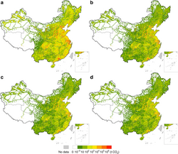 a shows carbon footprint (CF) hotspots of foreign final consumption in China. b–d show carbon footprint hotspots of the consumption of the United States, Hong Kong, and Japan, respectively. Among all foreign regions, the United States, Hong Kong, and Japan have the largest CFs in China, contributing ~23.0%, 10.8%, and 9.0%, respectively, to the total foreign CF in China in 2012.